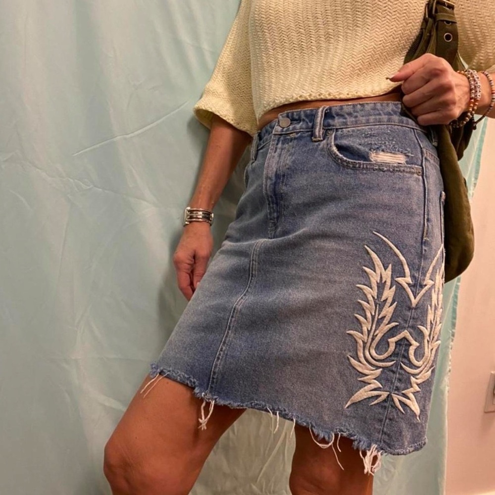 Embroidered Denim Skirt - Blue